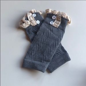 Girls Charcoal Pointelle Knit Lace Boot Cuffs